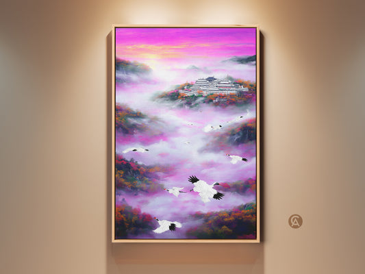 Framed Crane and Pagoda Art Print. This canvas features an Asian landscape. The pagoda is nestled among pink mist mountains. Cranes fly through the vibrant fuchsia and purple scenery. A serene and spiritual touch for eclectic home decor. Ideal for meditation rooms or as a unique housewarming gift.