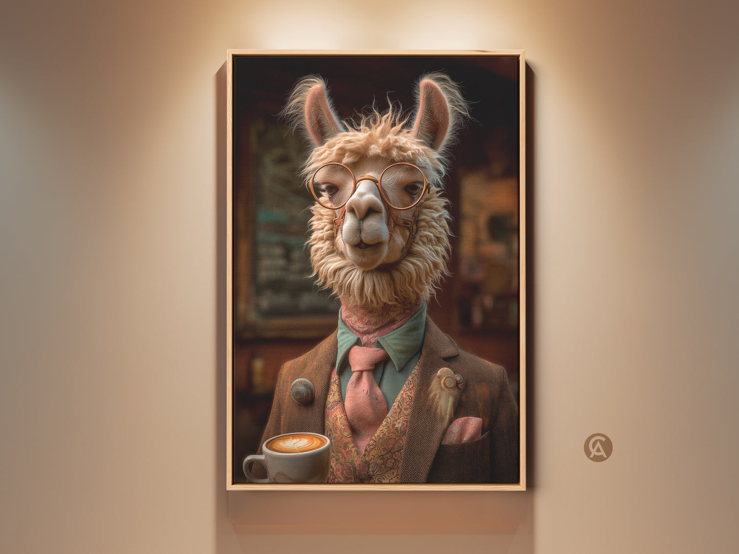 Tan Beige Llama Portrait Art displayed in a living room. This Eclectic Animal Print is a coffee lover gift. Dapper Llama Canvas art adds charm to any office wall decor. The unique birthday gift idea is a stylish home accent.