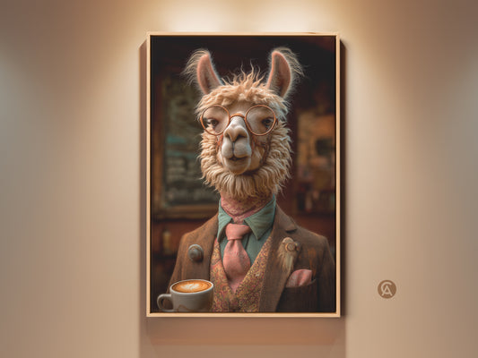 Tan Beige Llama Portrait Art displayed in a living room. This Eclectic Animal Print is a coffee lover gift. Dapper Llama Canvas art adds charm to any office wall decor. The unique birthday gift idea is a stylish home accent.