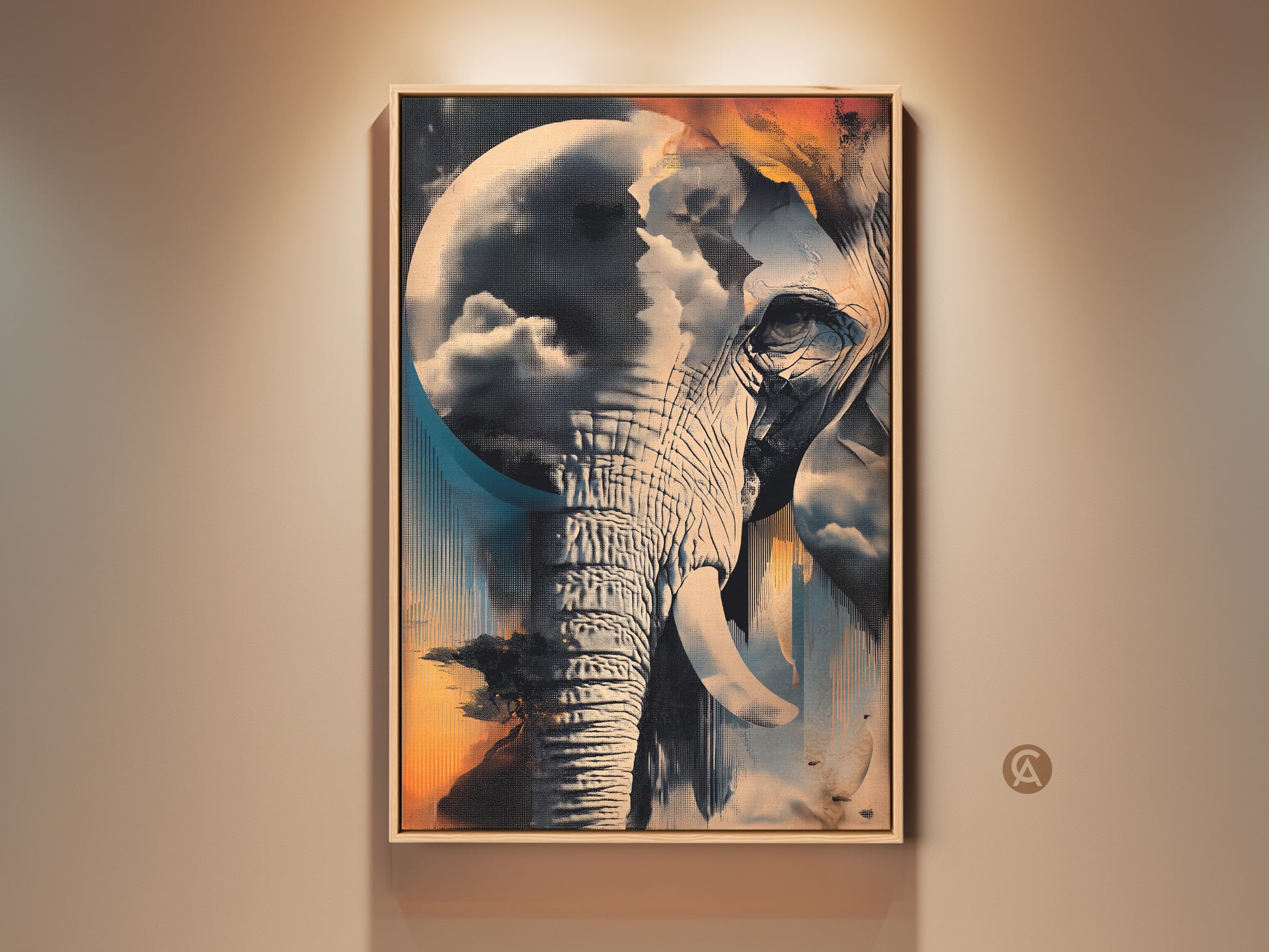 Framed surreal elephant canvas art displays an abstract blend of teal blue and orange hues. This eclectic animal nature decor showcases a unique cloudscape painting. The fine art print is a perfect housewarming gift idea. This cool animal artwork adds modern flair to any home or office.