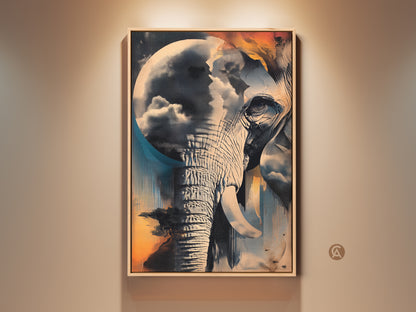 Framed surreal elephant canvas art displays an abstract blend of teal blue and orange hues. This eclectic animal nature decor showcases a unique cloudscape painting. The fine art print is a perfect housewarming gift idea. This cool animal artwork adds modern flair to any home or office.