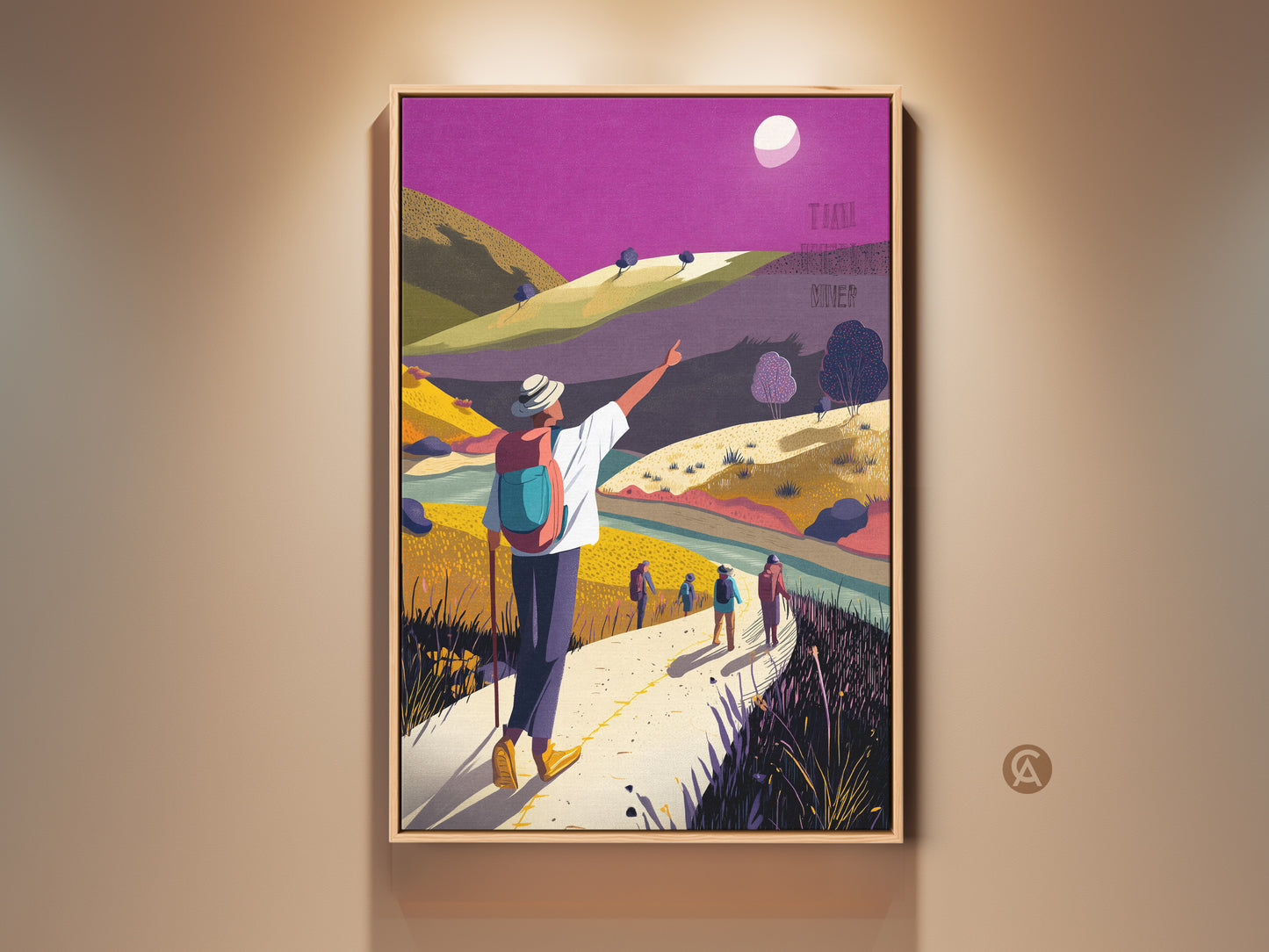 Framed boho hiking wall art in an entry hall. This yellow green and purple flat art print creates an adventure theme. The scenic mountain artwork makes a unique housewarming gift for hikers.