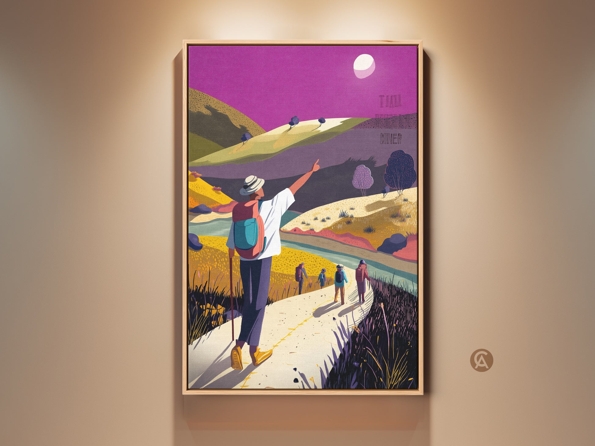 Framed boho hiking wall art in an entry hall. This yellow green and purple flat art print creates an adventure theme. The scenic mountain artwork makes a unique housewarming gift for hikers.