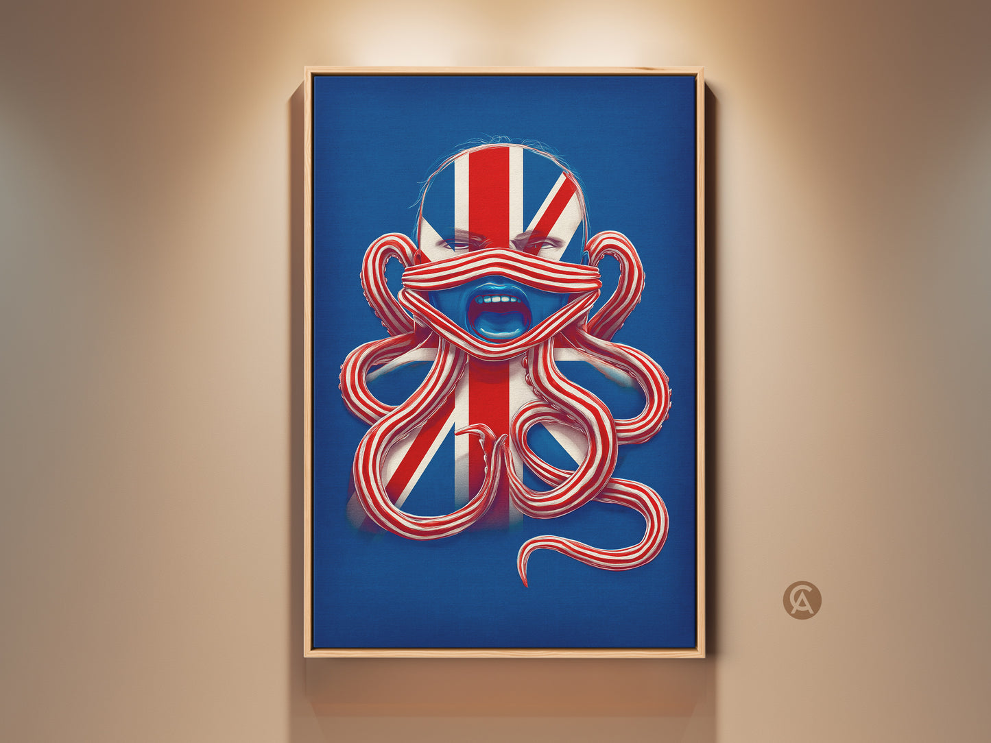 British Patriotism Octopus Face Wall Art displayed in a frame. This Union Jack canvas print features a surreal octopus. With a blue and red abstract style it is perfect eclectic office decor.