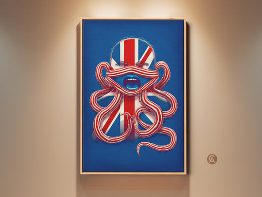 British Patriotism Octopus Face Wall Art displayed in a frame. This Union Jack canvas print features a surreal octopus. With a blue and red abstract style it is perfect eclectic office decor.