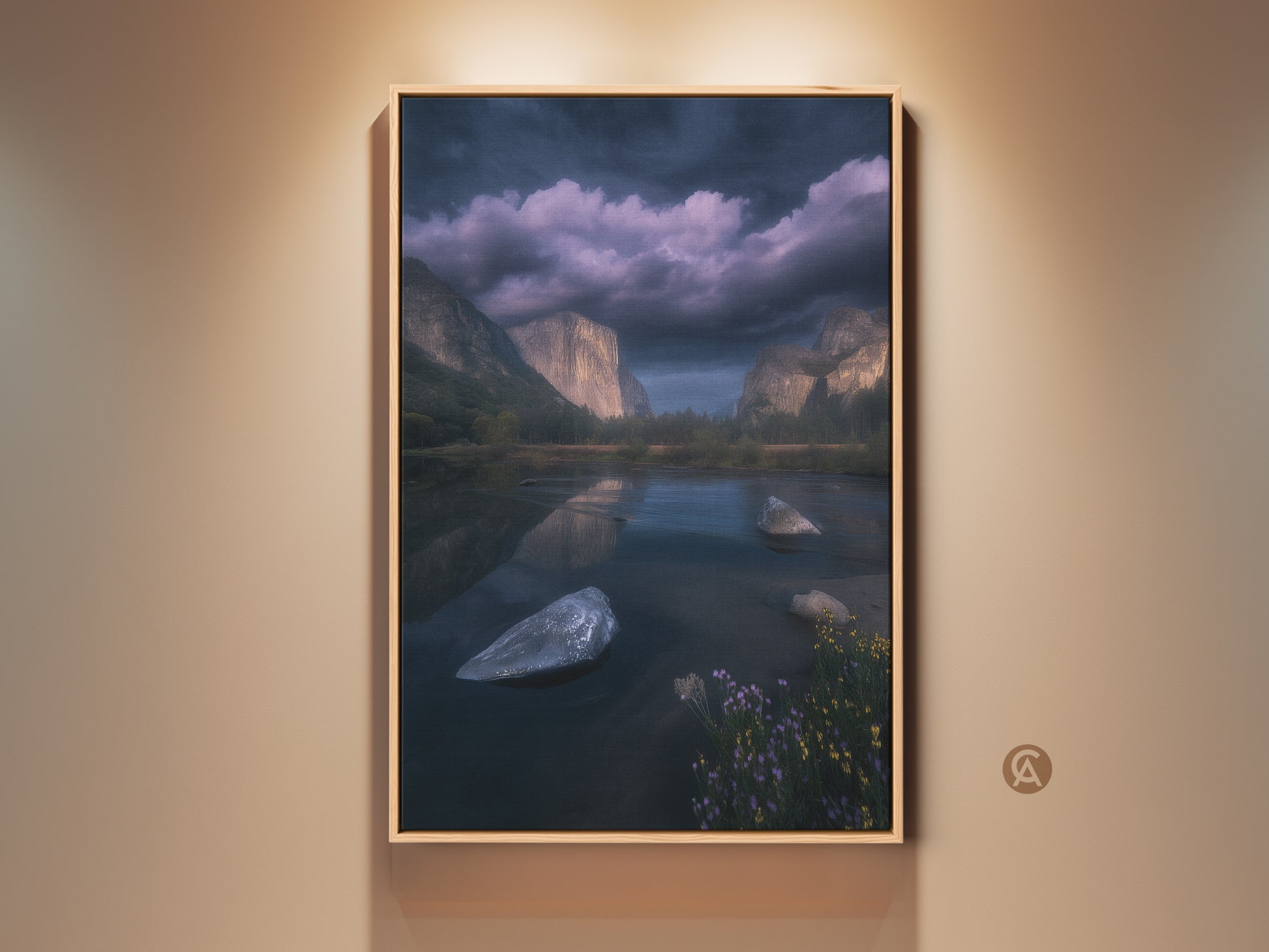 Framed El Capitan and Merced River Yosemite art print. A dark blue mountain landscape canvas wall art in a contemporary style. Photorealistic nature decor for residential landscape decor. A captivating view of mountains and landscapes for contemporary living spaces.