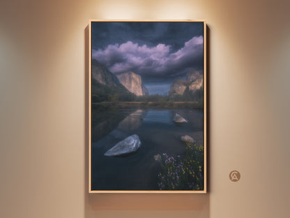 Framed El Capitan and Merced River Yosemite art print. A dark blue mountain landscape canvas wall art in a contemporary style. Photorealistic nature decor for residential landscape decor. A captivating view of mountains and landscapes for contemporary living spaces.