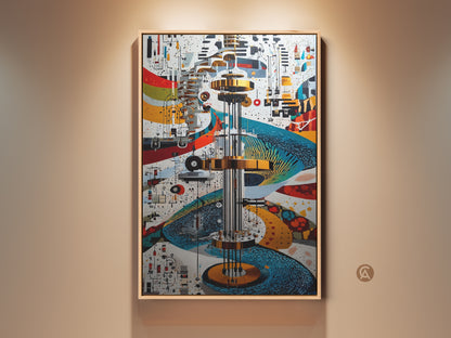 A vibrant Mechanical Abstract art piece. Gears and circuits intertwine in a futuristic canvas print. Gold blue and red hues create a dynamic effect. Perfect eclectic decor for an office or engineer's gift.