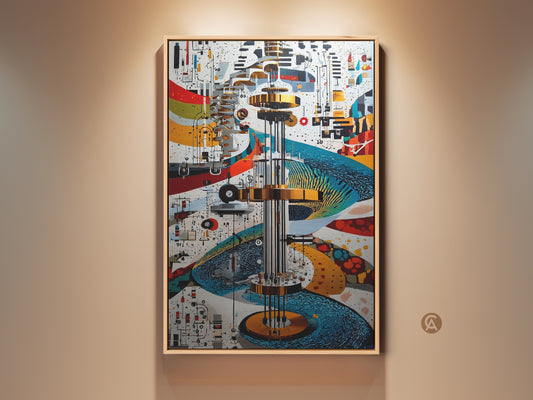 A vibrant Mechanical Abstract art piece. Gears and circuits intertwine in a futuristic canvas print. Gold blue and red hues create a dynamic effect. Perfect eclectic decor for an office or engineer's gift.