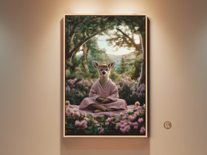 Framed serene meditating deer art print showcased in a warm living space. This spiritual nature wall art features a fawn in a pink robe. It embodies a calming Zen aesthetic for bedroom decor or a thoughtful gift for yogis.
