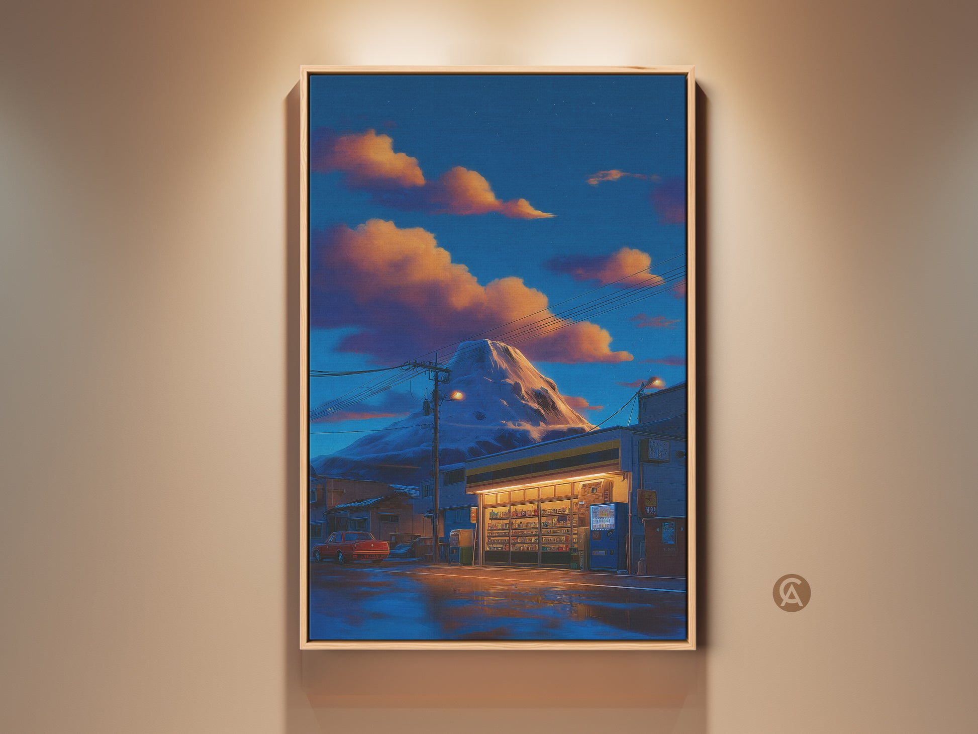 Framed retro anime wall art showcasing a mountain convenience store. The deep blue sky contrasts with orange clouds at dusk. It's a Japanese landscape artwork bringing an eclectic aesthetic. This canvas print adds a nostalgic anime scene to any room. A perfect housewarming gift for anime fans seeking unique wall art.