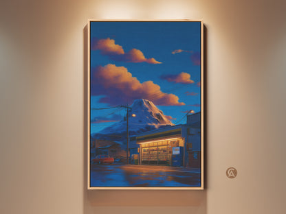Framed retro anime wall art showcasing a mountain convenience store. The deep blue sky contrasts with orange clouds at dusk. It's a Japanese landscape artwork bringing an eclectic aesthetic. This canvas print adds a nostalgic anime scene to any room. A perfect housewarming gift for anime fans seeking unique wall art.