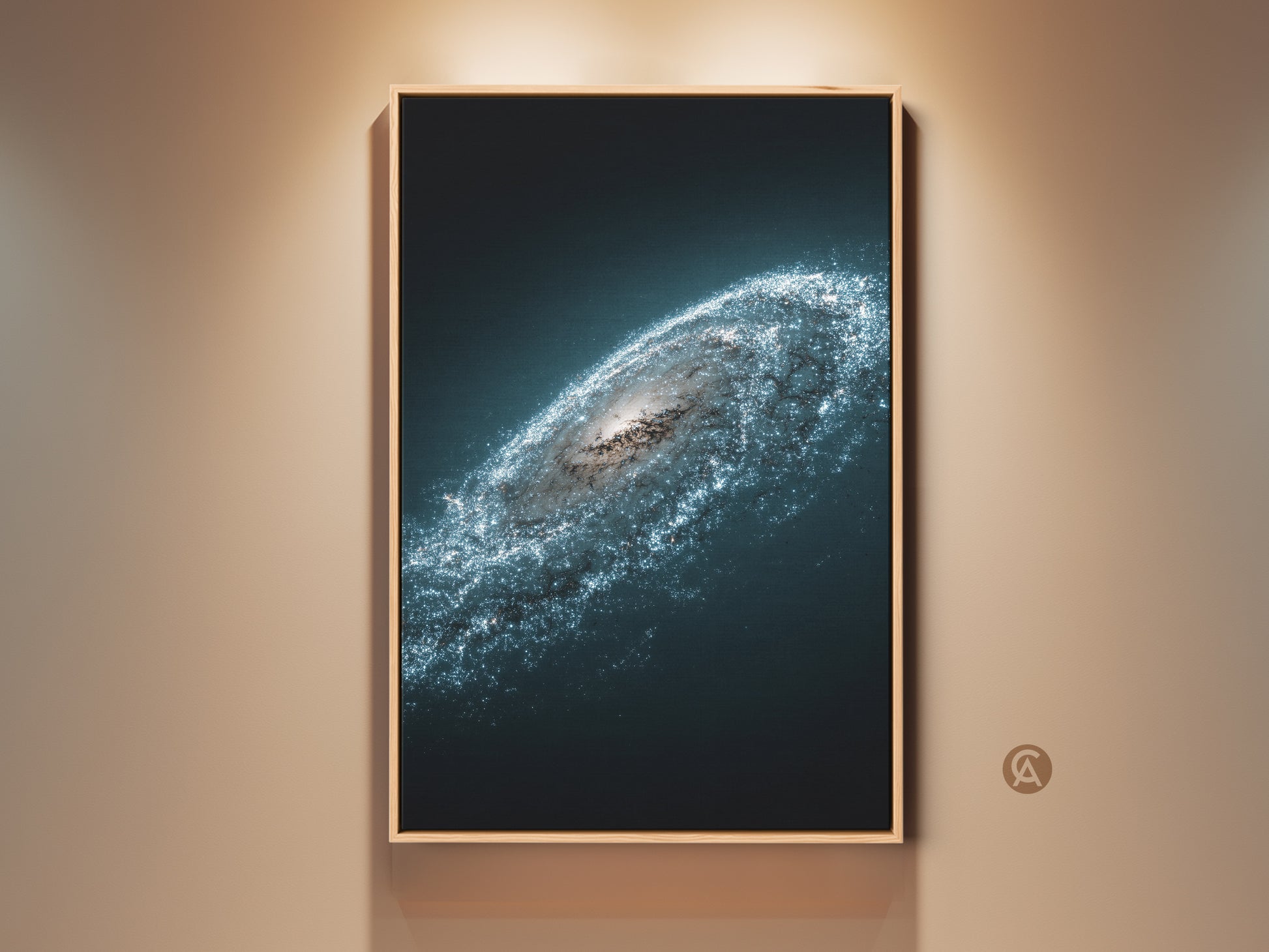Cosmic Nebula Wall Art in a room setting. This deep space blue galaxy canvas print features a starry white Andromeda art. Photorealistic space decor on a wooden frame adds contemporary style.