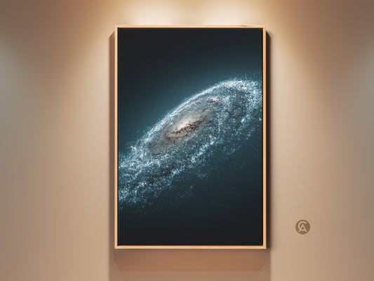 Cosmic Nebula Wall Art in a room setting. This deep space blue galaxy canvas print features a starry white Andromeda art. Photorealistic space decor on a wooden frame adds contemporary style.