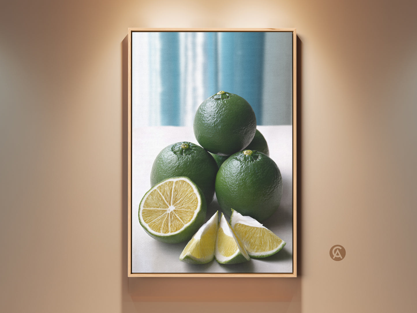 Framed botanical citrus art print featuring a still life of green limes. The artwork showcases a modern minimalist kitchen decor style. It is a perfect food & drink art piece for contemporary homes.