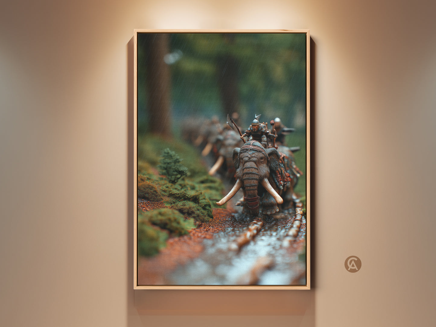 Explore dark fantasy elephant art. See a miniature warrior riding an elephant through a mossy forest. This eclectic canvas art is ideal study room decor and a unique gift for history buffs. It brings epic historical fantasy to your walls. Brown and green tones create an ancient warfare scene. 
