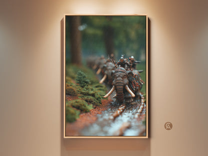 Explore dark fantasy elephant art. See a miniature warrior riding an elephant through a mossy forest. This eclectic canvas art is ideal study room decor and a unique gift for history buffs. It brings epic historical fantasy to your walls. Brown and green tones create an ancient warfare scene. 