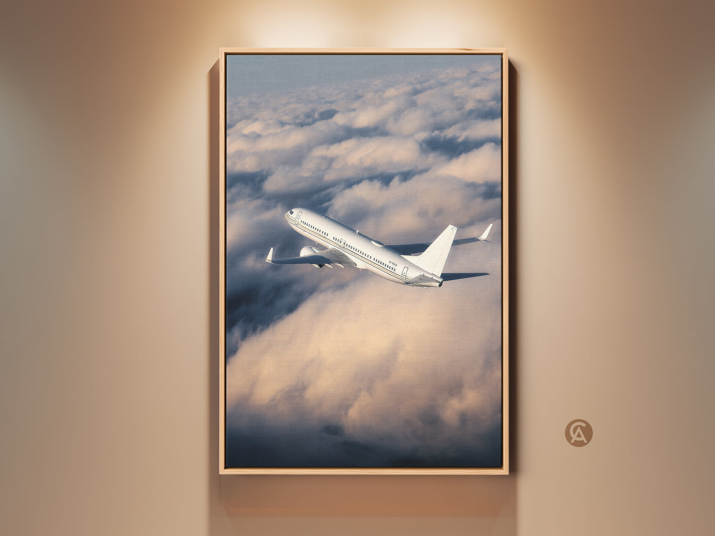 Modern airplane soaring through clouds is framed beautifully. Aviation decor piece adds a touch of travel to any office. The realistic photography style enhances this office wall art. A perfect travel gift for aviation lovers. The sky blue accents elevate the modern aesthetic.