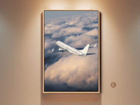 Modern airplane soaring through clouds is framed beautifully. Aviation decor piece adds a touch of travel to any office. The realistic photography style enhances this office wall art. A perfect travel gift for aviation lovers. The sky blue accents elevate the modern aesthetic.