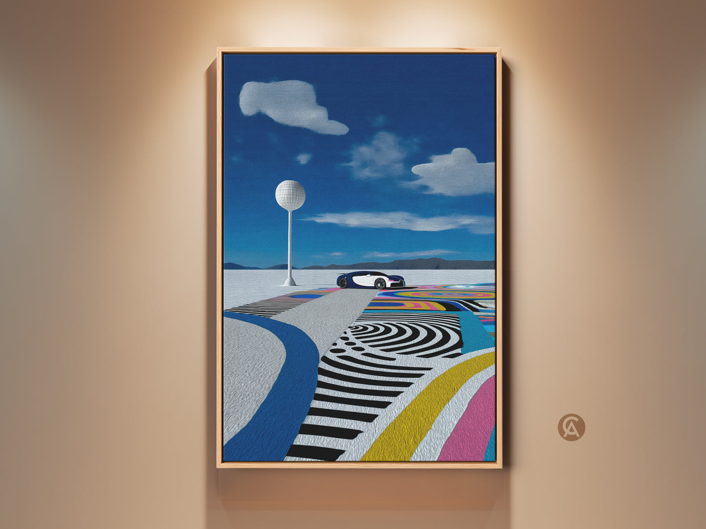 Modern abstract automotive art print showcases a futuristic car in a surreal desert. Electric blue and teal hues dominate this canvas wall art. Perfect modern decor for an office or den. Add a touch of speed and travel to your space. Ideal gift for car enthusiasts seeking unique wall decor.