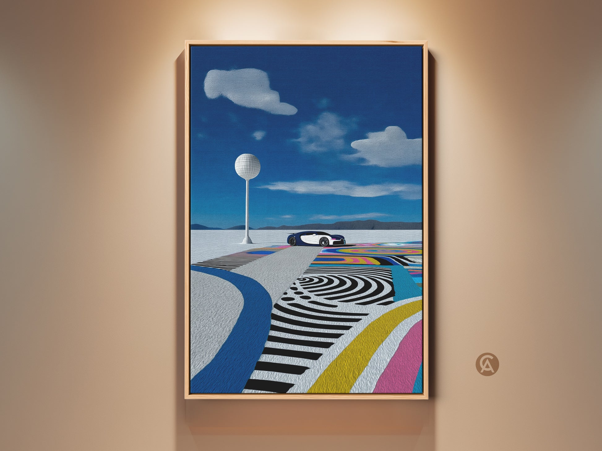 Modern abstract automotive art print showcases a futuristic car in a surreal desert. Electric blue and teal hues dominate this canvas wall art. Perfect modern decor for an office or den. Add a touch of speed and travel to your space. Ideal gift for car enthusiasts seeking unique wall decor.