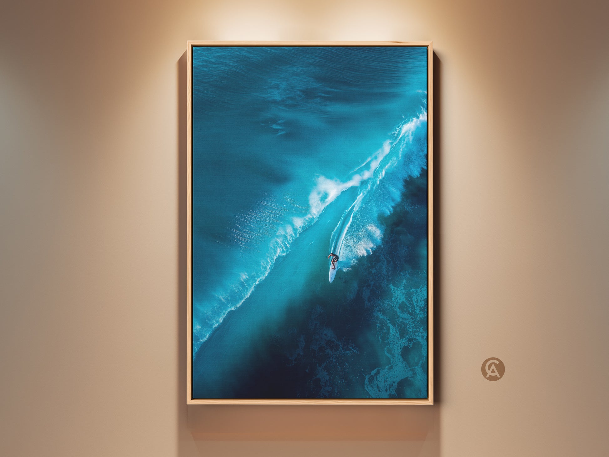A surfer rides a large turquoise wave in this captivating artwork. The wave is rendered in stunning detail. The art is framed in a natural wood finish. The wall art adds a touch of coastal charm to any room.
