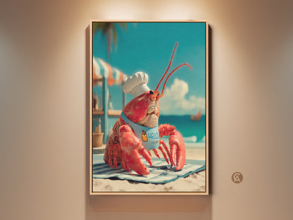 Framed artwork of a chef lobster on the beach. The art features a red lobster wearing a chef's hat and apron. It is sitting on a striped towel with a tropical backdrop. The art brings a touch of humor and coastal charm to any space.
