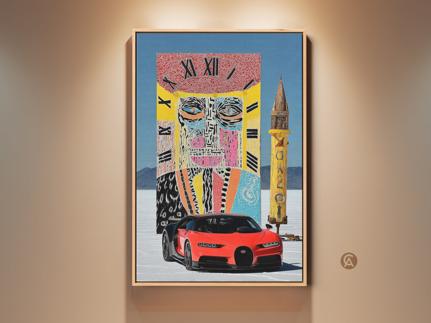 A captivating canvas print blends surreal and pop art styles. An abstract face clock and a red sports car stand out against a vast landscape. This eclectic artwork is perfect for office or home decor. It adds a bold and unique touch. The vibrant colors and surreal elements create a statement piece. It will surely captivate car enthusiasts and art lovers alike.
