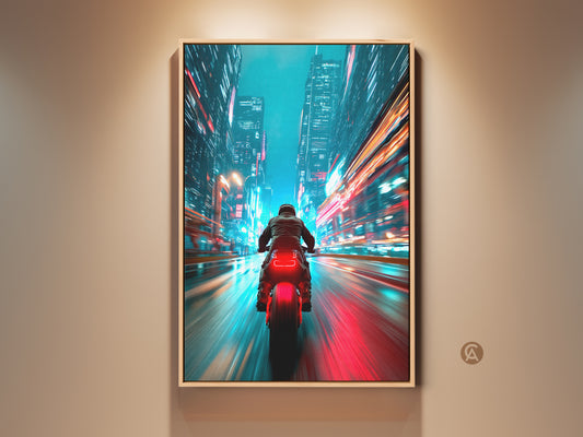 Cyberpunk Cityscape canvas art. A futuristic motorcycle rider speeds through a neon lit city. Teal blue and red motion blur create a cinematic feel. This artwork is perfect for office or man cave decor. It is a great gift for any F1 or racing enthusiast.