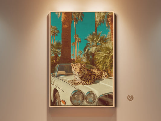 A vibrant wall art piece shows a leopard lounging on a vintage convertible. Palm trees and a teal sky create a retro tropical backdrop. This eclectic animal canvas adds glamour to any space. It is perfect as a housewarming gift for car lovers. The tan and orange palette brings warmth to this unique art print.