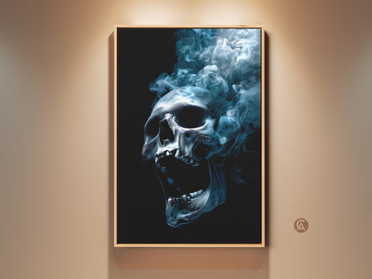 Framed skull artwork with smoke on a wall. This art piece features a skull engulfed in ethereal blue smoke. The artwork is displayed in a wooden frame. The artwork adds a dramatic and edgy statement to any space.