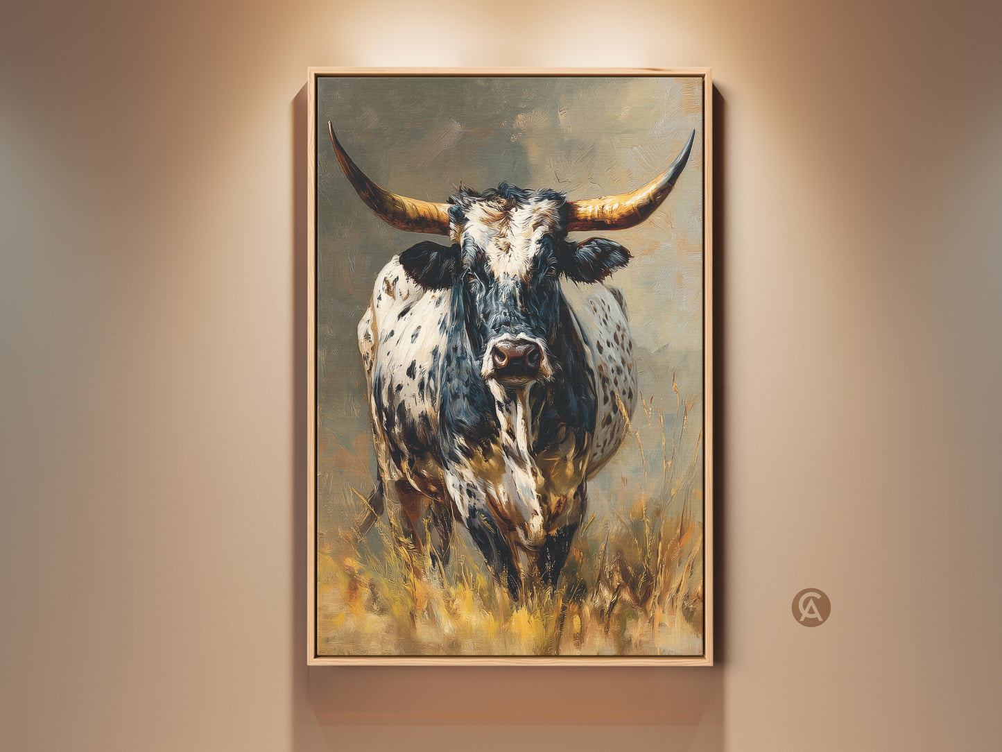 Rustic Longhorn Bull artwork on canvas. This western farmhouse wall art features a black and white animal print perfect for cowboy lovers. The impressionistic style adds a textured feel. It enhances any ranch-style decor. Ideal for adding a touch of country charm to your home. A great gift for western art enthusiasts.
