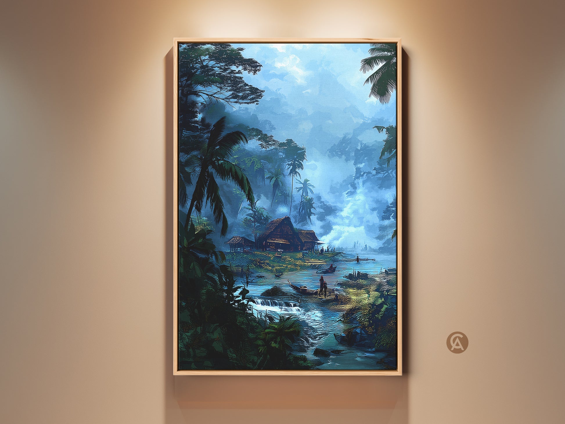 Framed Bohemian tropical artwork features a deep blue emerald green village scene. Huts and canoes dot the landscape. This canvas wall decor adds exotic charm. A perfect travel gift for art lovers.