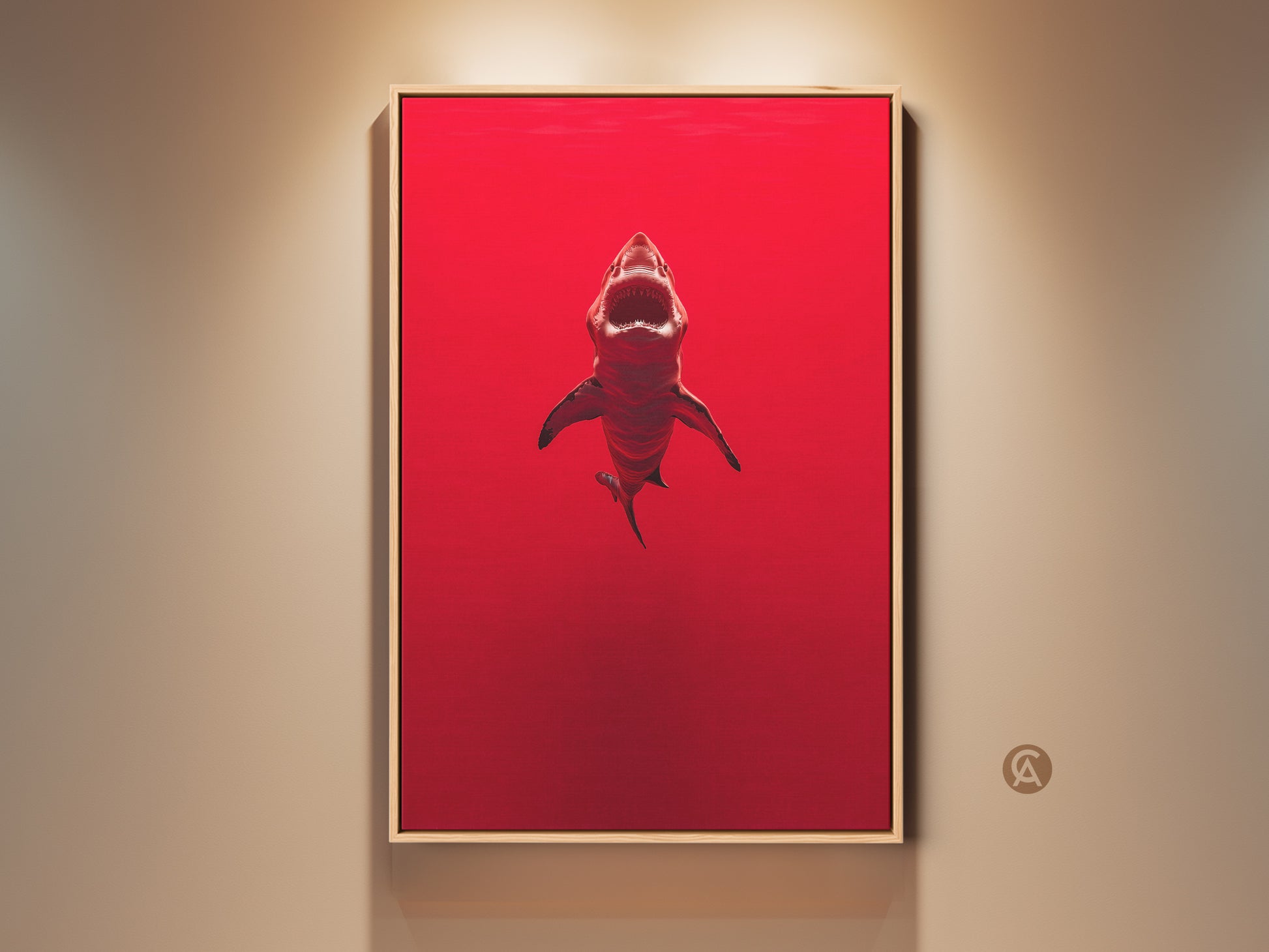 Crimson shark canvas art displayed in a living space. This contemporary office art features a powerful ocean predator in a bold red hue. This artwork is a unique gift for him. This artwork adds a touch of drama to any space. The minimalist shark print is perfect for shark lovers and marine life enthusiasts.
