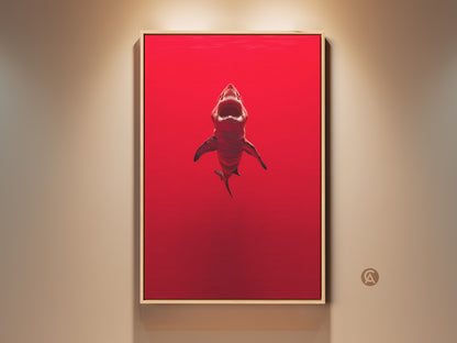 Crimson shark canvas art displayed in a living space. This contemporary office art features a powerful ocean predator in a bold red hue. This artwork is a unique gift for him. This artwork adds a touch of drama to any space. The minimalist shark print is perfect for shark lovers and marine life enthusiasts.