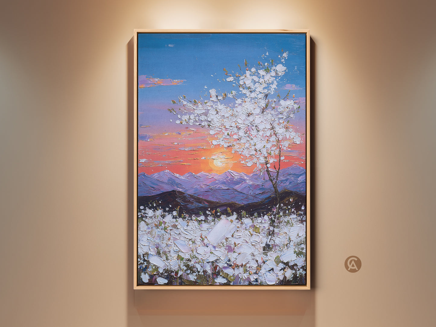Framed Blue Pink Orange Sunset Landscape Art Print. This textured impressionist artwork features a tree and mountains. The canvas wall art adds farmhouse decor charm and makes a thoughtful gift.