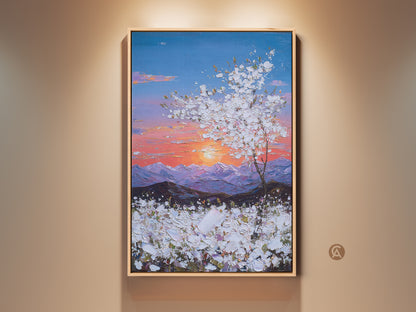 Framed Blue Pink Orange Sunset Landscape Art Print. This textured impressionist artwork features a tree and mountains. The canvas wall art adds farmhouse decor charm and makes a thoughtful gift.