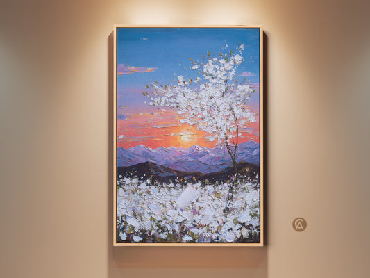 Framed Blue Pink Orange Sunset Landscape Art Print. This textured impressionist artwork features a tree and mountains. The canvas wall art adds farmhouse decor charm and makes a thoughtful gift.