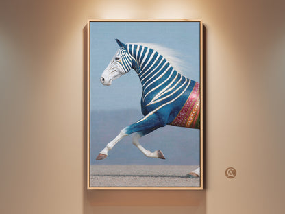 Framed Eclectic Indigo Zebra Horse Canvas Art. This surreal animal print is perfect for adding a touch of fantasy to any room. A unique gift for animal lovers. This artwork features a striking indigo and white palette. The canvas adds a captivating touch to your home decor.