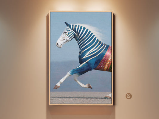 Framed Eclectic Indigo Zebra Horse Canvas Art. This surreal animal print is perfect for adding a touch of fantasy to any room. A unique gift for animal lovers. This artwork features a striking indigo and white palette. The canvas adds a captivating touch to your home decor.