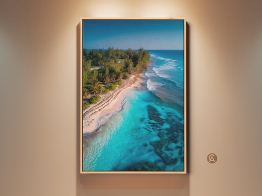 Stunning framed artwork captures a tropical beach paradise. Turquoise waters meet the sandy shore under a clear blue sky. Lush green trees line the coast. This beach art print brings a serene coastal vibe to any room. Perfect for beach lovers seeking tropical wall decor.