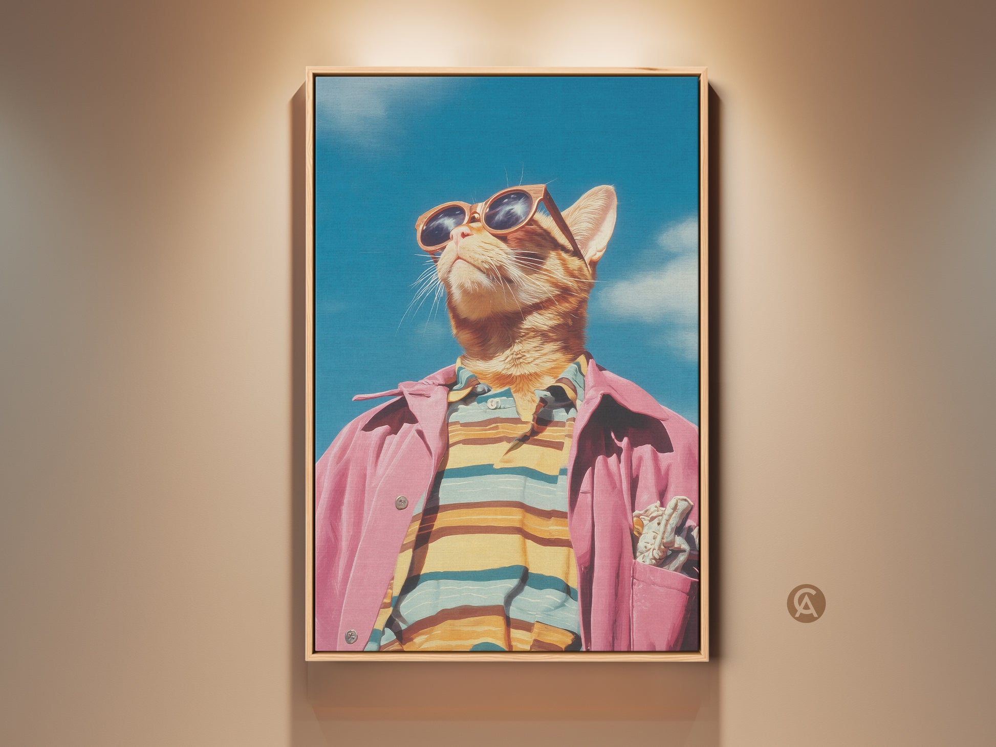 Framed cat artwork in a stylish pink jacket and sunglasses. This wall art features a cool feline against a blue sky. Perfect art for cat lovers seeking unique home decor. Enhance your space with this framed cat art print.