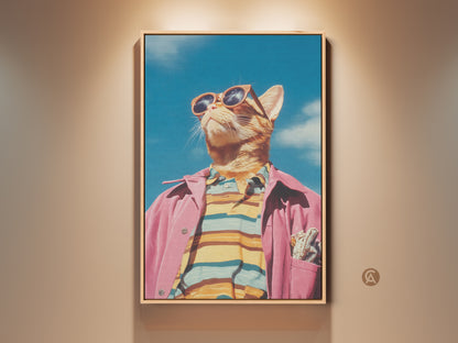 Framed cat artwork in a stylish pink jacket and sunglasses. This wall art features a cool feline against a blue sky. Perfect art for cat lovers seeking unique home decor. Enhance your space with this framed cat art print.