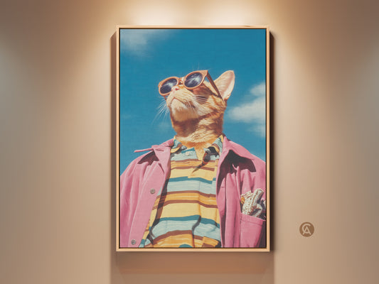 Framed cat artwork in a stylish pink jacket and sunglasses. This wall art features a cool feline against a blue sky. Perfect art for cat lovers seeking unique home decor. Enhance your space with this framed cat art print.