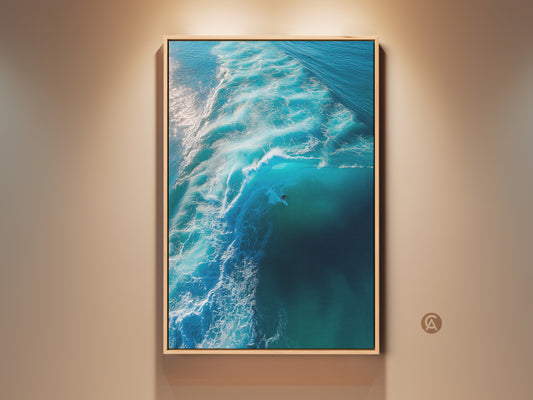 Experience the thrill. A surfer rides a massive turquoise wave in this captivating ocean art. The artwork is framed in natural wood. It adds a touch of coastal beauty to any room. Perfect for ocean lovers. This framed canvas brings the surf to your space. Ready to hang and enjoy.