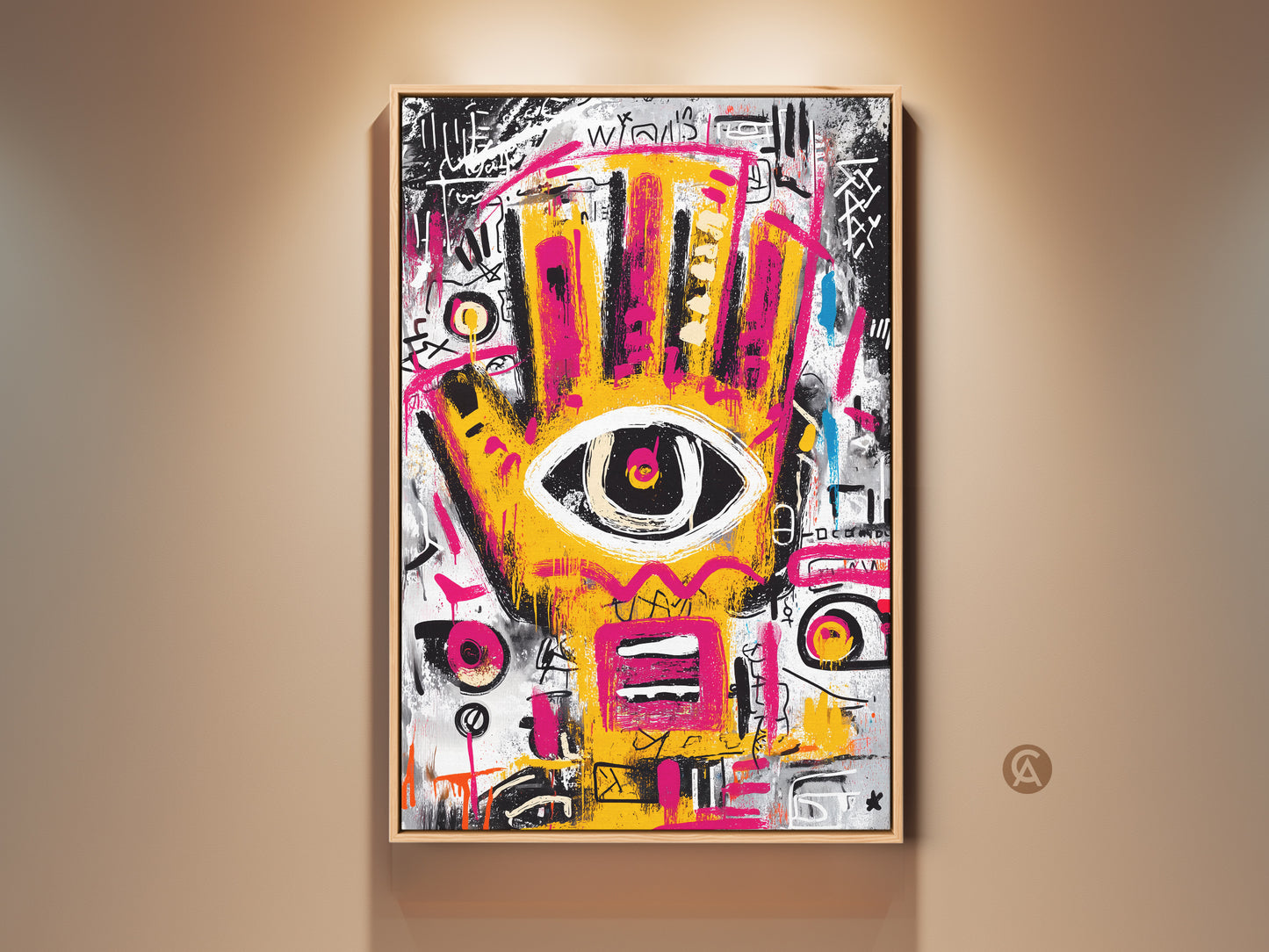 Framed abstract artwork. The yellow and pink hand with an eye in the center is striking. Modern art with graffiti elements adds urban style. A great conversation starter art piece.