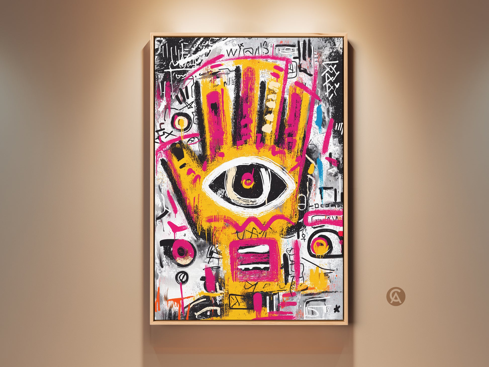 Framed abstract artwork. The yellow and pink hand with an eye in the center is striking. Modern art with graffiti elements adds urban style. A great conversation starter art piece.