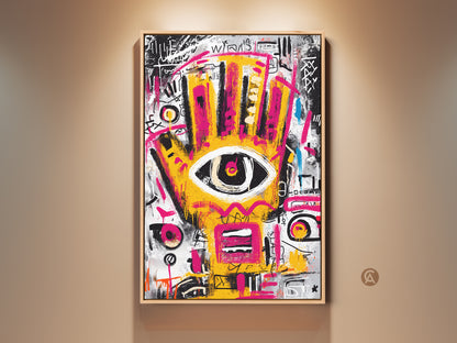 Framed abstract artwork. The yellow and pink hand with an eye in the center is striking. Modern art with graffiti elements adds urban style. A great conversation starter art piece.
