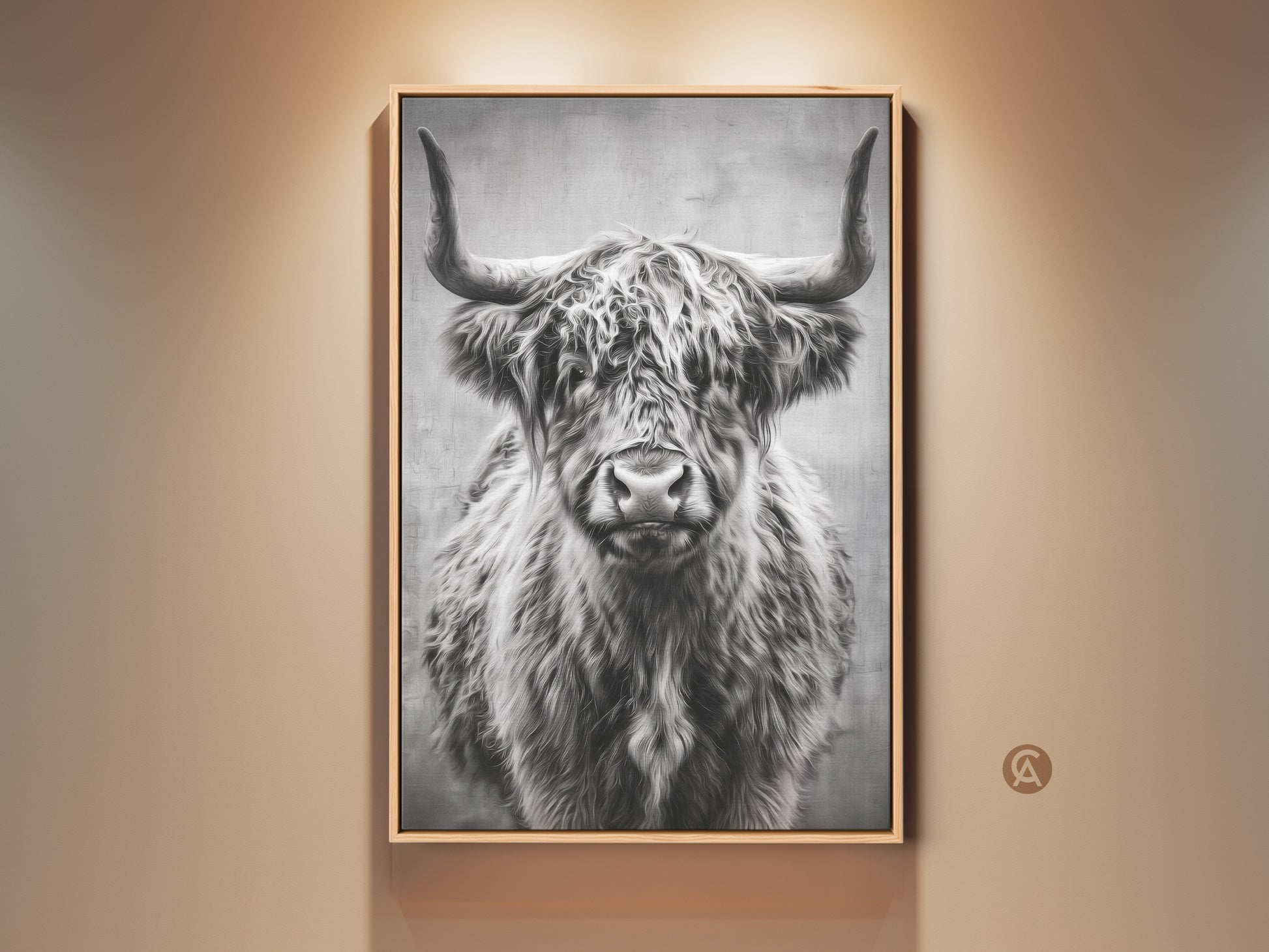 Framed monochrome highland cow art print. The photorealistic shaggy cow painting adds rustic charm to your home. This farmhouse wall decor enhances your living room bedroom or entryway.