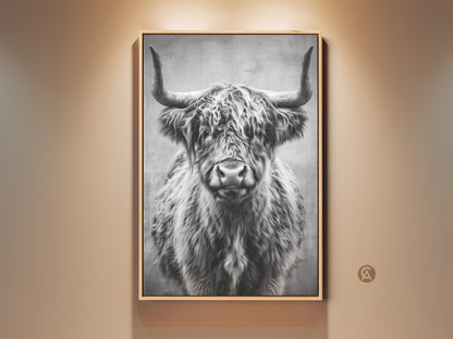 Framed monochrome highland cow art print. The photorealistic shaggy cow painting adds rustic charm to your home. This farmhouse wall decor enhances your living room bedroom or entryway.